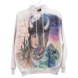 VINTAGE 90s Wek The World Sweatshirt L/XL Beige Native American Bison Graphic
